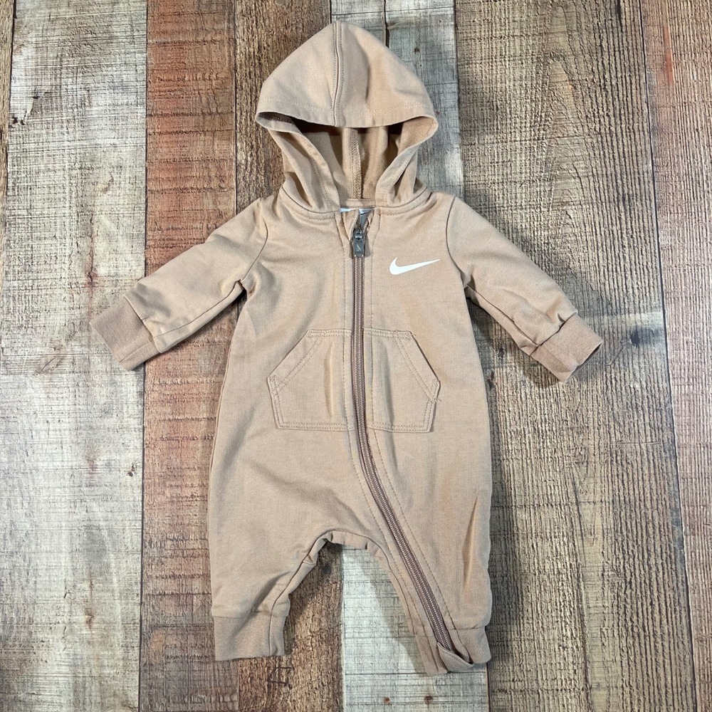 Nike Tan Hooded Coverall One Piece Hooded Full Zip Baby Romper Newborn